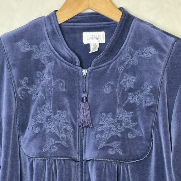 Vtg Navy Velour Zip Front House Dress Long Lounge Robe Dark Romantic Goth L - Picture 6 of 8